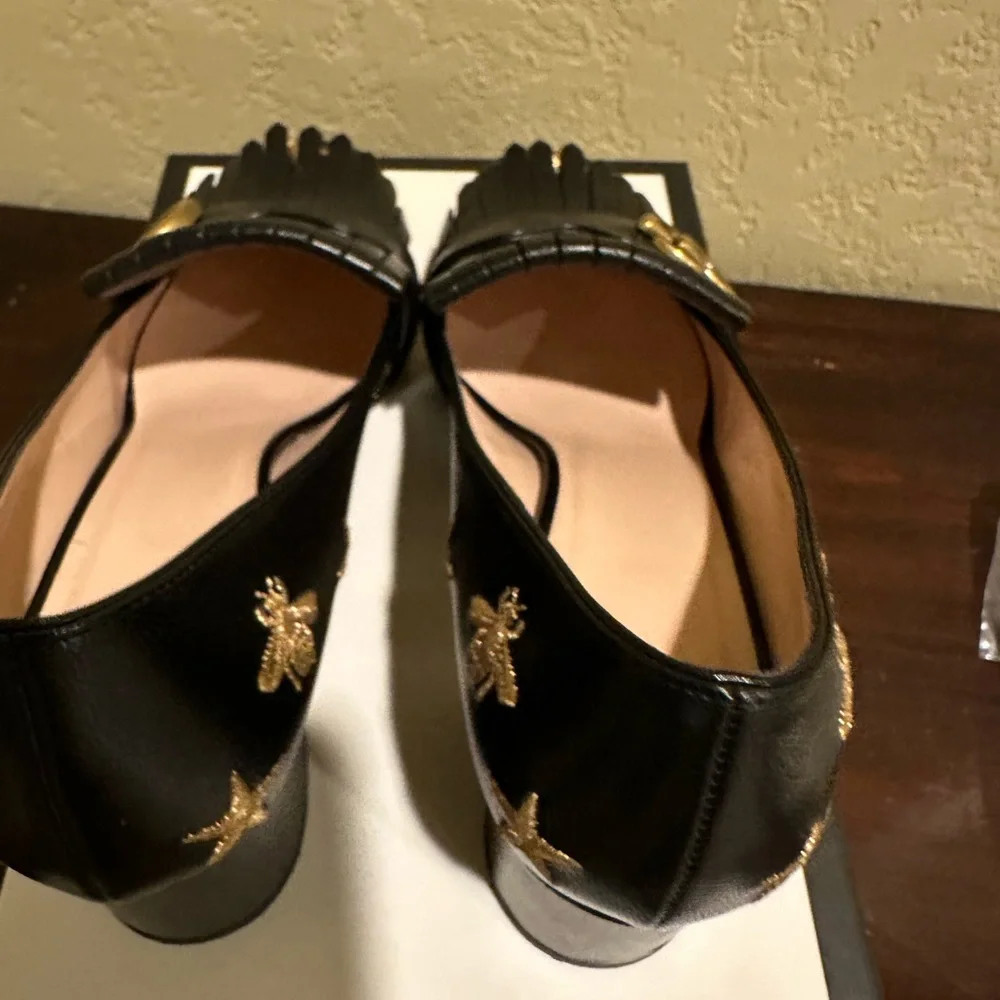 Gucci Black Leather Fringe Pumps with Gold Double G Accents